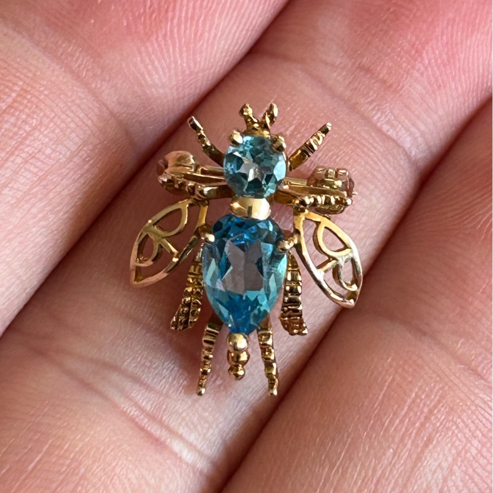 Vintage 14K Gold Aquamarine Blue Topaz Bumblebee 3D Brooch/Pin